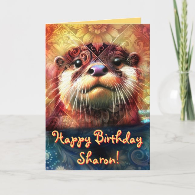 Otter Abstract Floral Personalised Birthday Card (Front)