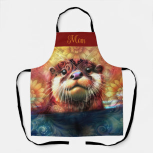 Otter Abstract Floral Teal Orange Red Brown Otters Apron