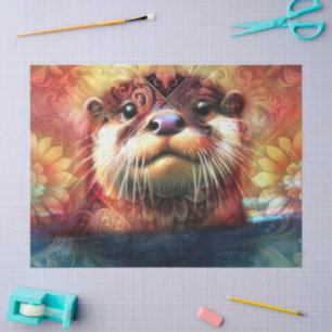 Otter Abstract Floral Teal Orange Red Brown Otters Tissue Paper