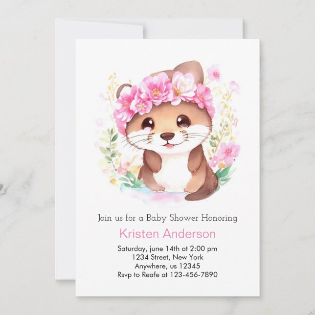 Otter Adventure Pink Wildflower Girl Baby Shower Invitation (Front)