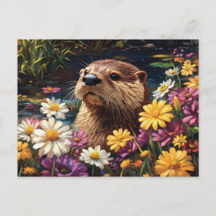 Otter and Colourful Wildflowers Spring Postcard