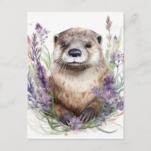 Otter and Purple Flowers Watercolor Postcard (Front)