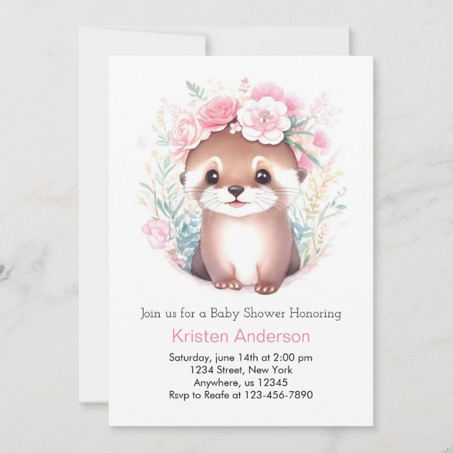 Otter Blissful Pink Meadow Girl Baby Shower Invitation (Front)