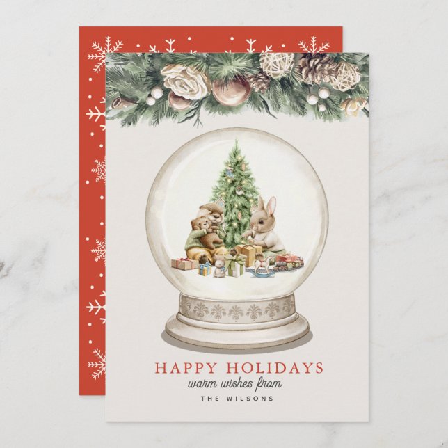 Otter & Bunny Christmas Tree Snow Grobe Holiday Card (Front/Back)