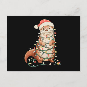 Otter Christmas Animal Xmas Lights Santa Hat Holiday Postcard