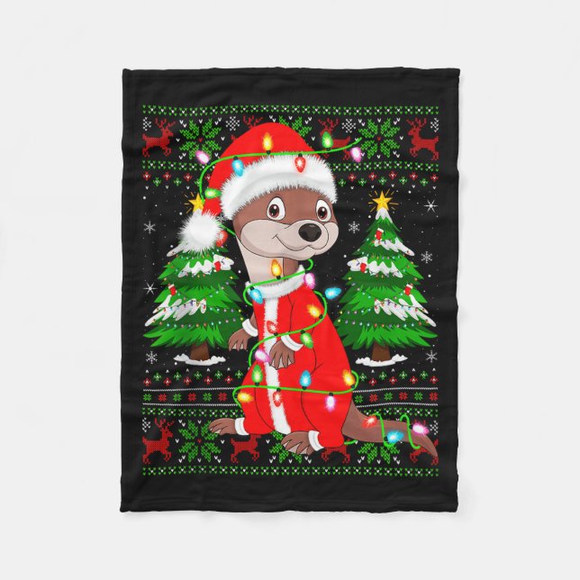 Otter Christmas Lights Santa Costume Ugly Xmas Swe Fleece Blanket (Front)