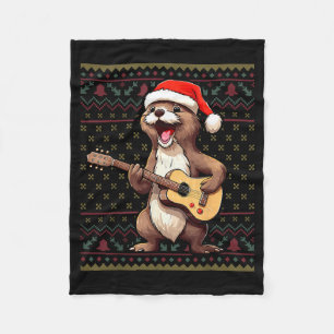 Otter Christmas Ugly Shirts Otter Playing Guitar X Fleece Blanket