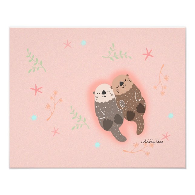 Otter couple holding heart pink peach happy couple photo print (Front)