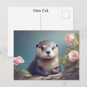 Otter Cub Vintage Cute Rose Portrait Timeless Art  Postcard