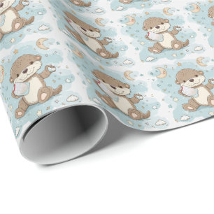 Otter Cute Baby Pastel Watercolor Pattern Wrapping Paper