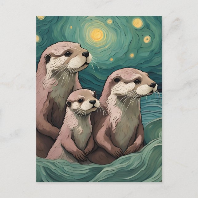Otter Family in a Starry Night Ocean Postcard (Front)
