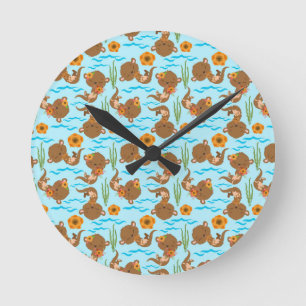 Otter Family Orange Flowers Floral Aquatic Animal Round Clock