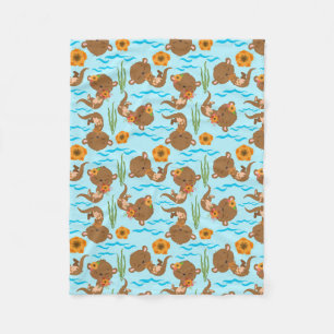 Otter Family Orange Flowers Floral Aquatic Animals Fleece Blanket