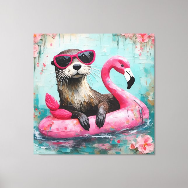 Otter Floating on a Pink Flamingo Funny Collage Canvas Print (Front)