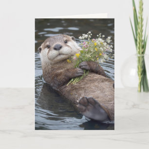 Otter Floating with Wildflower Bouquet Card