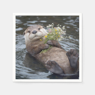 Otter Floating with Wildflower Bouquet Napkin