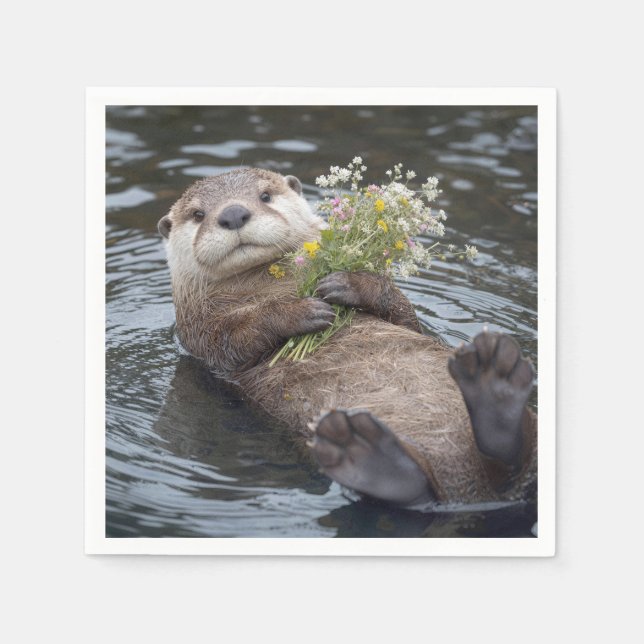 Otter Floating with Wildflower Bouquet Napkin (Front)