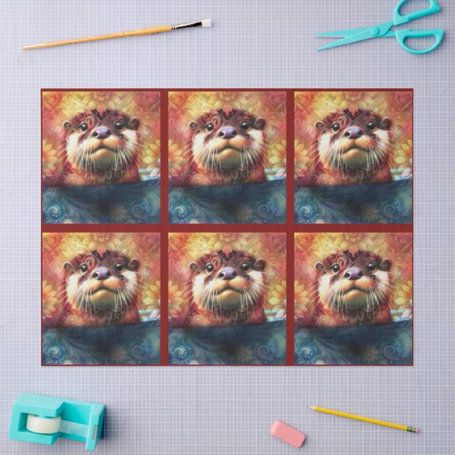 Otter Floral Teal Orange Otters Decoupage Tissue Paper (Craft)