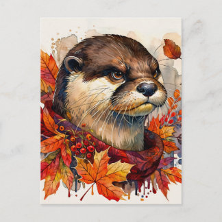 Otter Grump In Autumn Watercolor Postcard