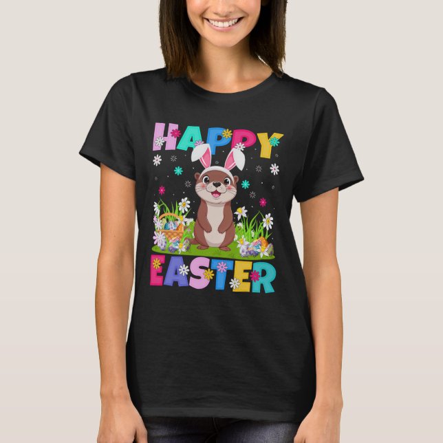 Otter Happy Easter Egg Hunt Bunny Ear Otter Easter T-Shirt (Front)