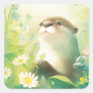 Otter Holding Flower in Green Daisy and Lily Pad Square Sticker