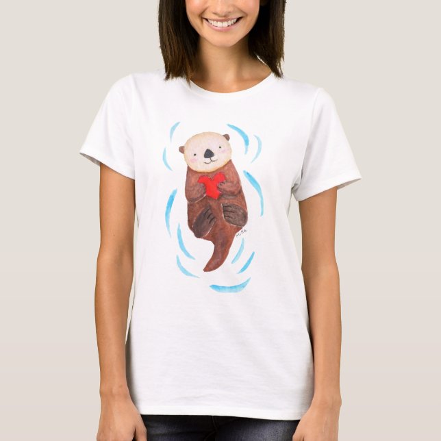 Otter Holding Heart Cute Sea Otter Graphic Art T-Shirt (Front)