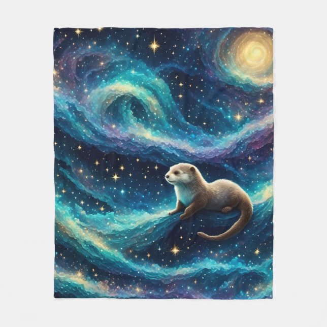 Otter in a Starry Night Ocean Fleece Blanket (Front)