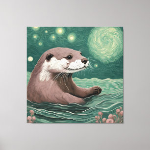 Otter in a Starry Night Ocean Sage and Rose Colour Canvas Print