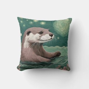 Otter in a Starry Night Ocean Sage and Rose Colour Cushion