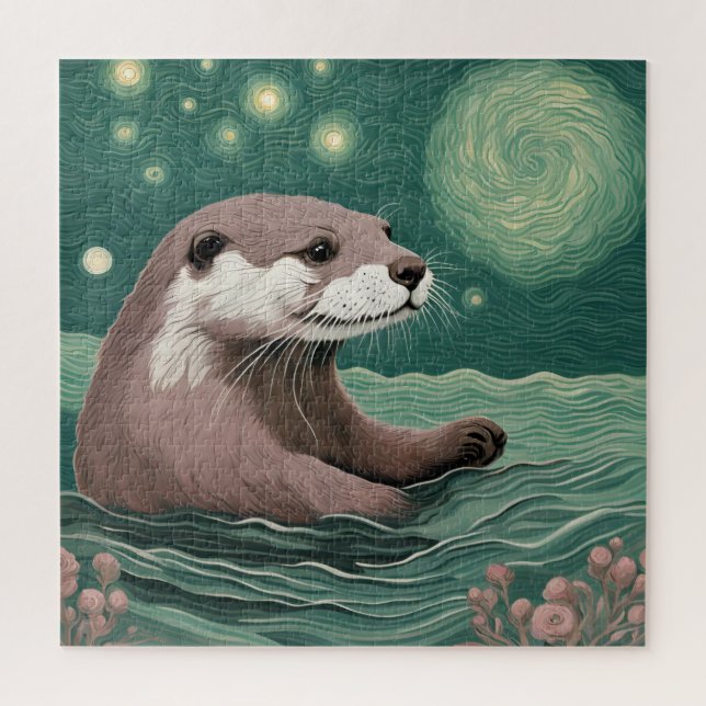 Otter in a Starry Night Ocean Sage and Rose Colour Jigsaw Puzzle (Vertical)
