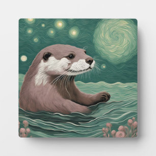Otter in a Starry Night Ocean Sage and Rose Colour Plaque