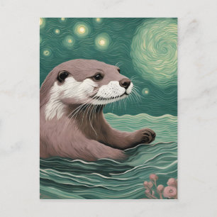 Otter in a Starry Night Ocean Sage and Rose Colour Postcard