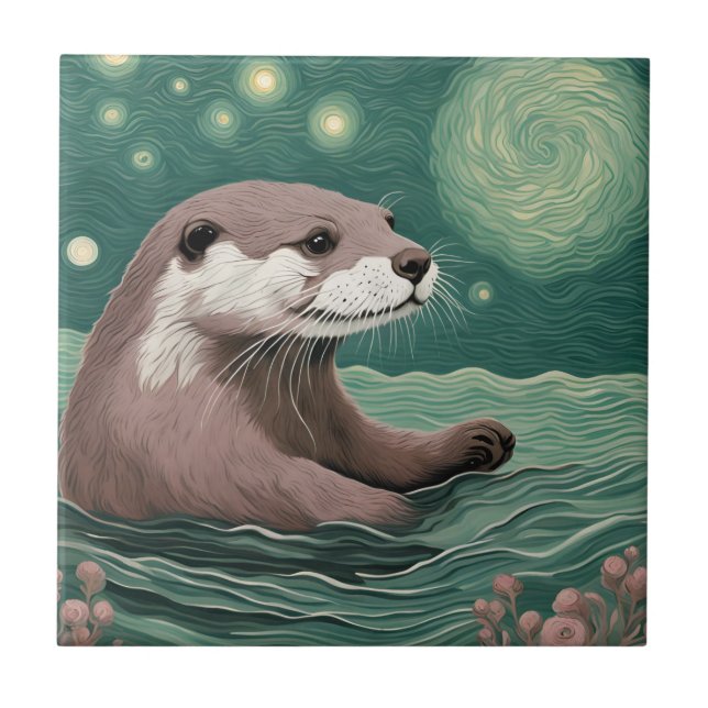 Otter in a Starry Night Ocean Sage and Rose Colour Tile (Front)