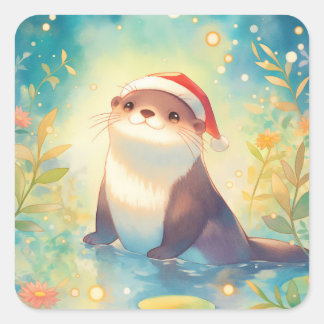 Otter in Santa Hat in Pond with Flowers and Bokeh  Square Sticker