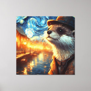 Otter in the Starry Night City Canvas Print