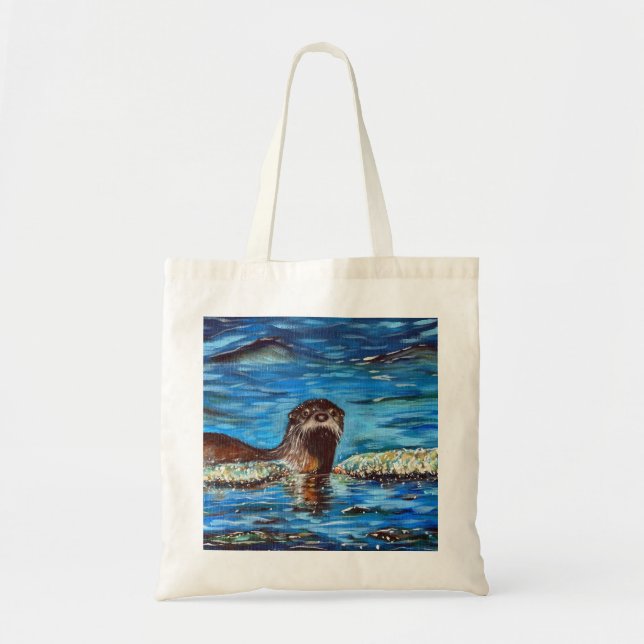 Otter in the Waves Painting Tote Bag (Front)