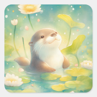 Otter in Water with Yellow and White Lily Flowers Square Sticker