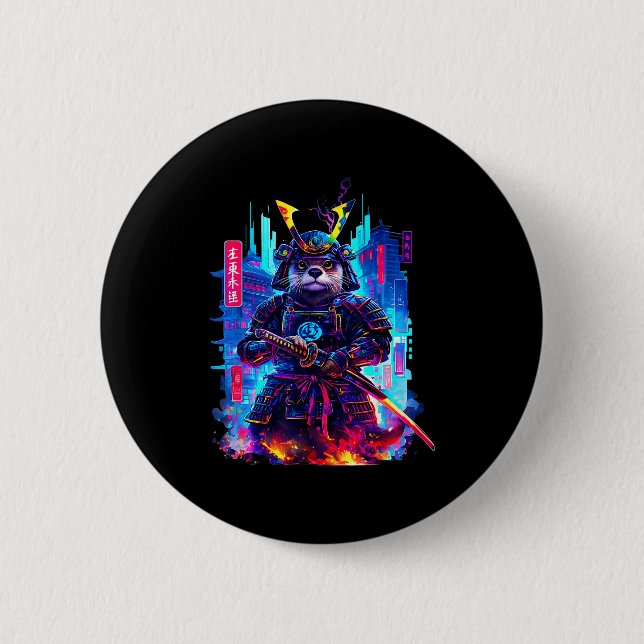 Otter Katana Cyberpunk Neon Samurai Japanese Art  6 Cm Round Badge (Front)