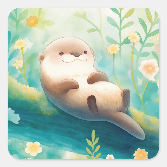 Otter Lying on Log in Spring Green Meadow Square Sticker (Front)