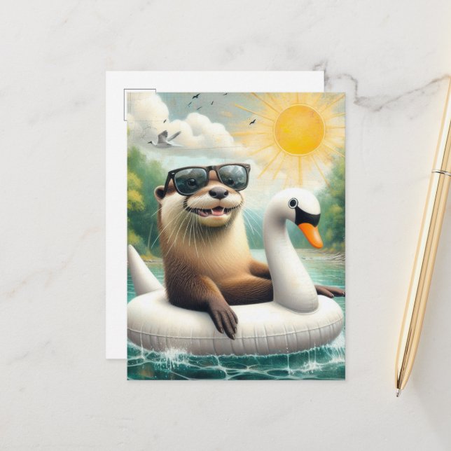 Otter on a Swan Float Postcard (Front/Back In Situ)