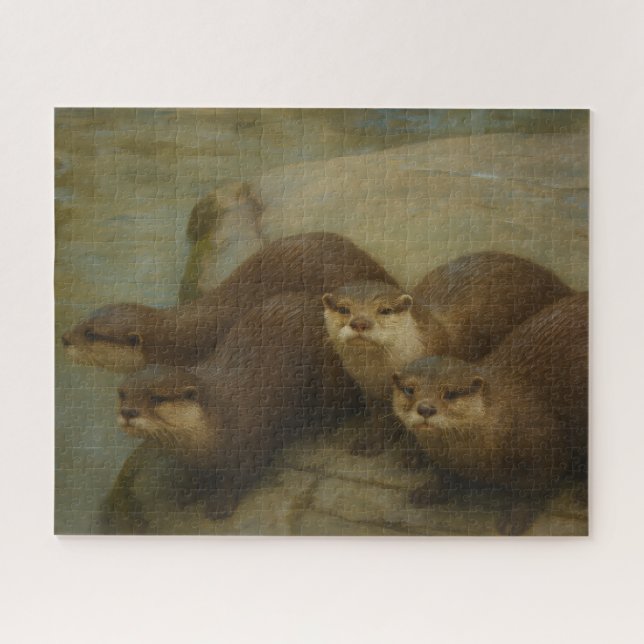 Otter Quartet – Playful Wildlife Art Print Jigsaw Puzzle (Horizontal)