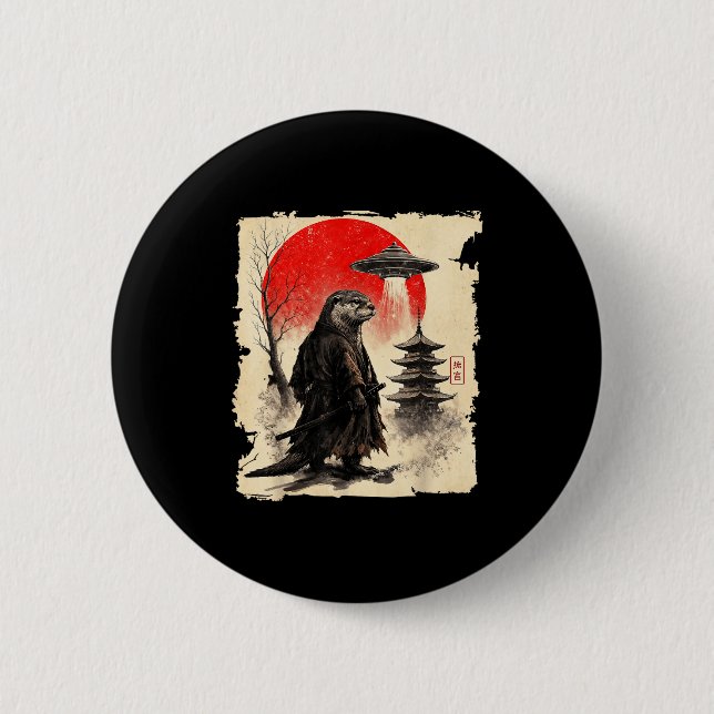 Otter Samurai Retro Ufo Japanese Warrior Art Graph 6 Cm Round Badge (Front)