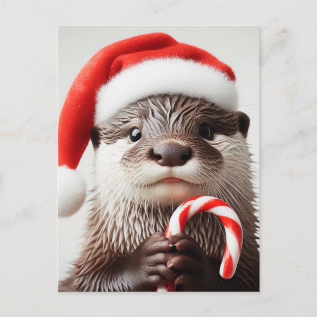 Otter Santa Hat Adorable Candy Cane Postcard (Front)