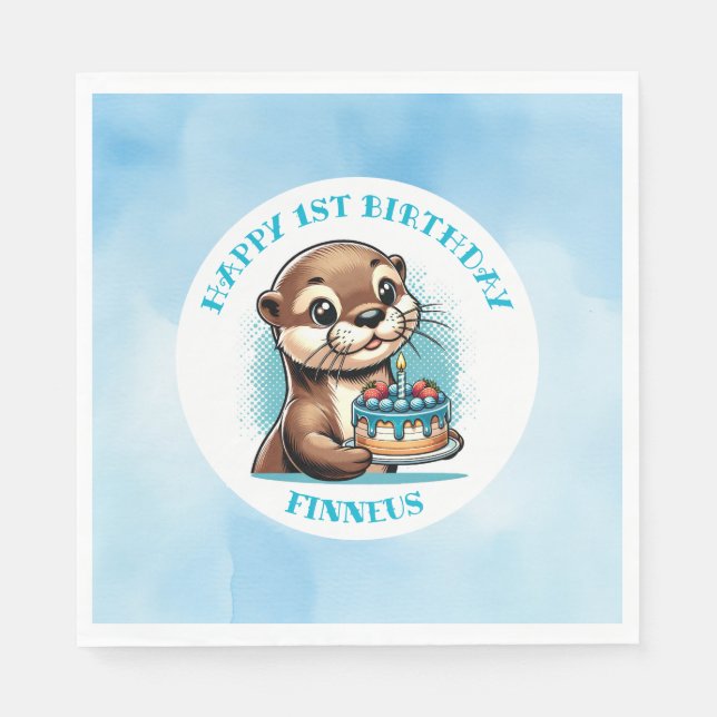 Otter Themed Boy's First Birthday Personalised Napkin (Front)