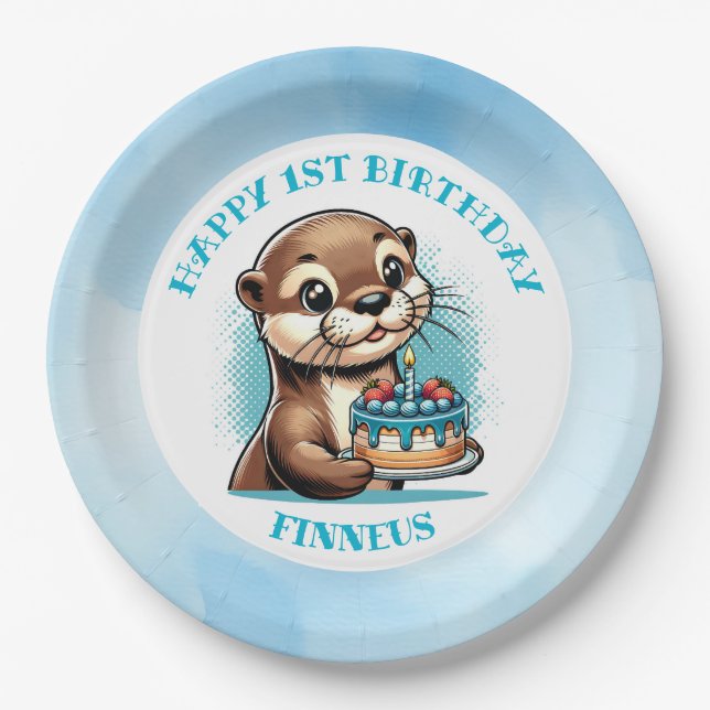 Otter Themed Boy's First Birthday Personalised Paper Plate (Front)