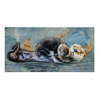 Otter with baby on the water poster