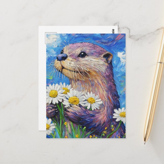 Otter With Daisies Postcard (Front/Back In Situ)