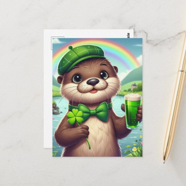 Otter With Green Beer, Shamrocks, and Rainbow Postcard (Front/Back In Situ)