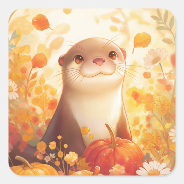 Otter with Pumpkins and Autumn Flowers Square Sticker (Front)