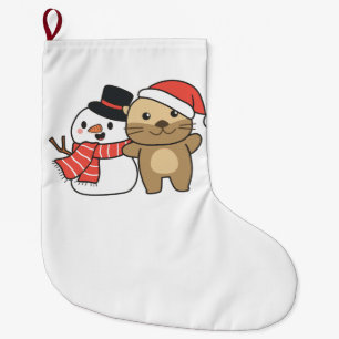 Otter With Snowman In Winter For Christmas Holiday Large Christmas Stocking